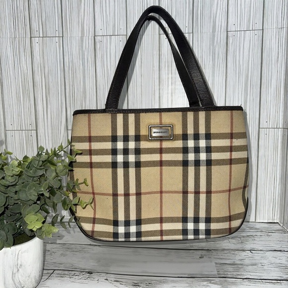 Burberry Handbags - Burberry Vintage Nova Check Tote Bag Brown Leather Trim Plaid Shoulder Handbag